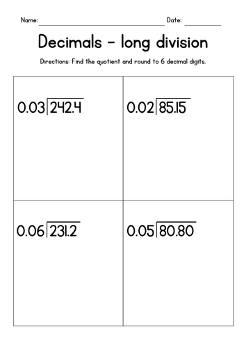 Division of Decimals by 2-Digit Decimals Worksheets