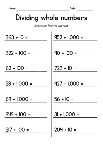 Dividing Whole Numbers by 10, 100 or 1,000