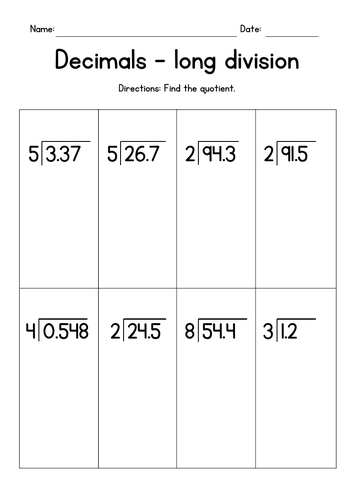 Dividing Decimals by Whole Numbers - Long Division Worksheets