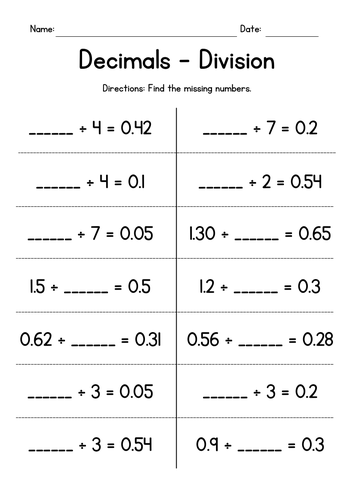 Dividing Decimals by Whole Numbers - Missing Numbers