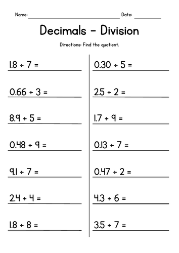 Dividing Decimals by Whole Numbers Worksheets