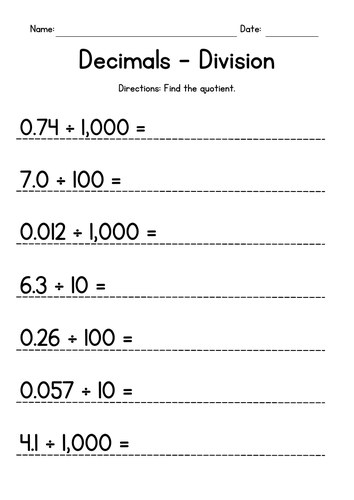 Dividing Decimals by 10, 100 and 1,000 Worksheets