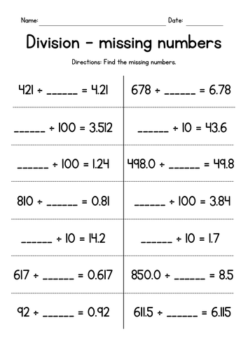 Dividing by 10, 100 or 1,000 (missing dividends or divisors)