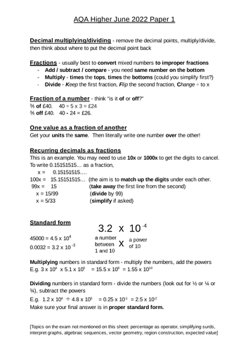 AQA GCSE Maths Revision Sheets From Advance Information June 2022 ...