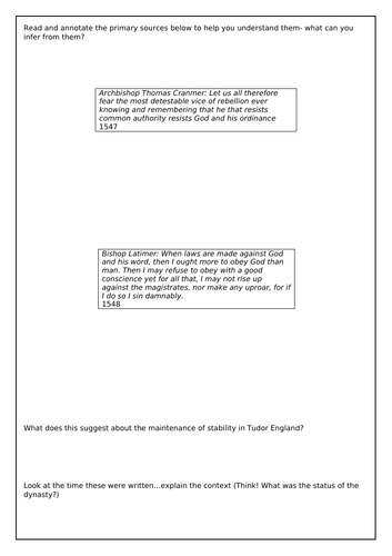 Tudor Rebellions The Maintenance of Stability | Teaching Resources