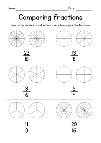 Coloring & Comparing Improper Fractions - Pie Charts