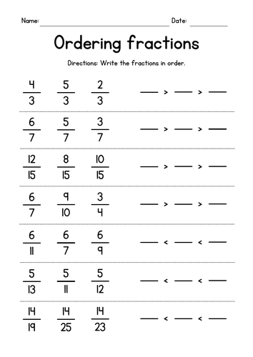 Ordering Fractions Worksheets