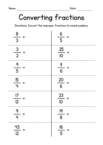 Converting Improper Fractions to Mixed Numbers Worksheets