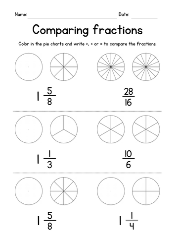 Comparing Mixed Numbers & Fractions - Coloring Pie Charts