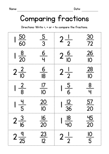 Comparing Fractions and Mixed Numbers Worksheets