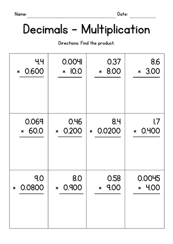 Multiplying Two Decimals in Columns (up to 4 digits)