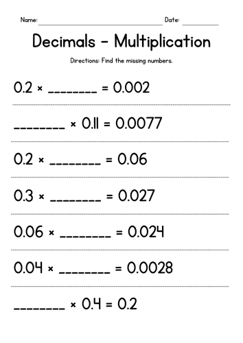 Multiplying Decimals with Missing Numbers