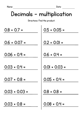 Multiplying Decimals by Decimals Worksheets