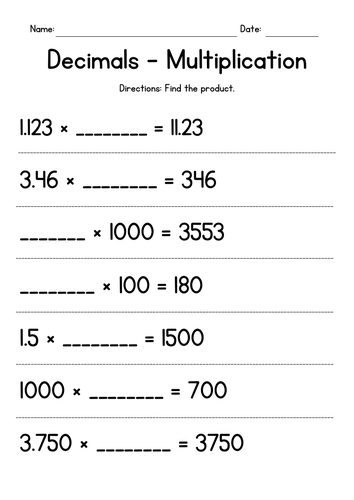 Multiplying Decimals by 10, 100 or 1,000 (missing numbers)
