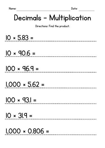 Multiplying Decimals by 10, 100 or 1,000 Worksheets