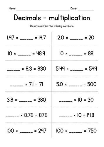 Multiplying Decimals by 10 or 100 - Missing Numbers