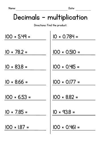 Multiplying Decimals by 10 or 100 Worksheets