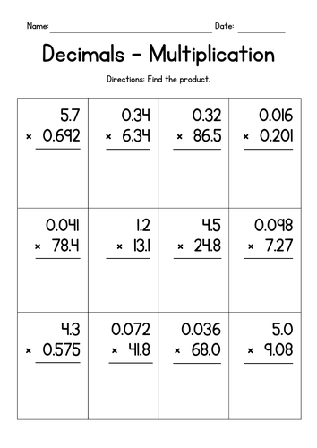 Multiplying Decimals in Columns (up to 3 digits)