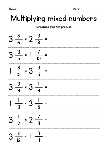 Multiplying Mixed Numbers Worksheets