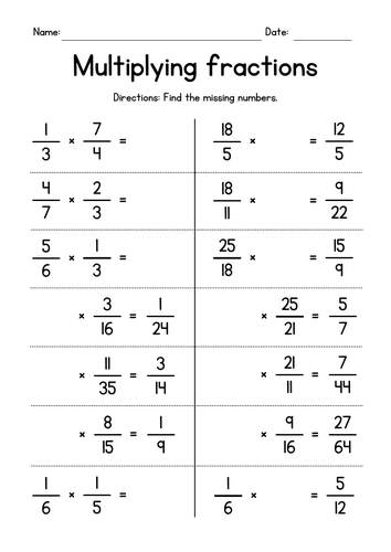 Multiplying Fractions - Missing Numbers Worksheets