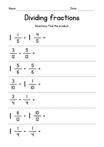 Dividing Fractions and Mixed Numbers Worksheets