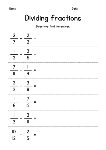 Dividing Fractions by Fractions Worksheets