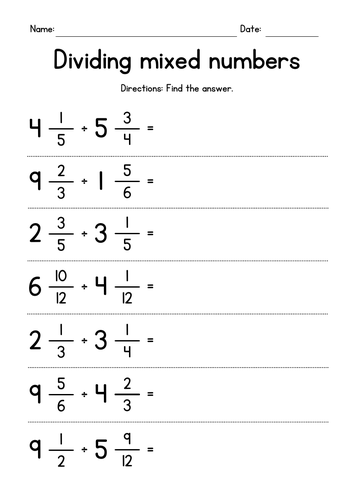 Dividing Mixed Numbers Worksheets