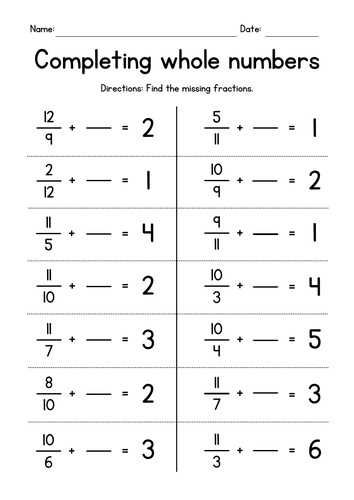 Completing Whole Numbers (adding fractions)