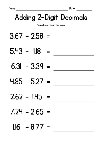 Adding 2-Digit Decimals Worksheets