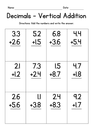 Vertical Addition of Decimals Worksheets