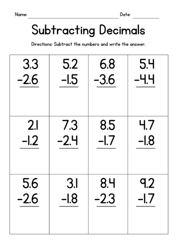 Subtracting Decimals Vertically Worksheets