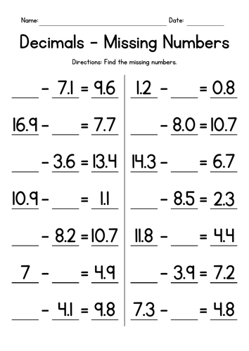 Subtracting Decimals - Missing Numbers Worksheets
