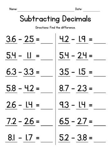 Subtracting Decimals - Subtraction Worksheets