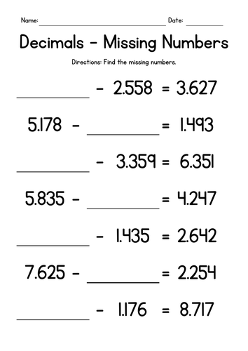 Subtracting 3-Digit Decimals - Missing Numbers