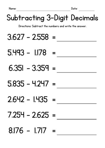 Subtracting 3-Digit Decimals Worksheets