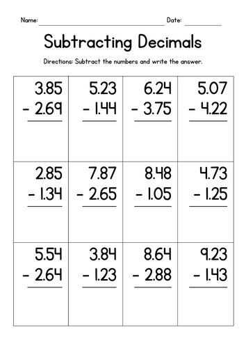 Subtracting 2-Digit Decimals Vertically