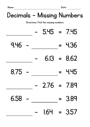 Subtracting 2-Digit Decimals - Missing Numbers