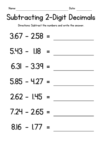 Subtracting 2-Digit Decimals Worksheets