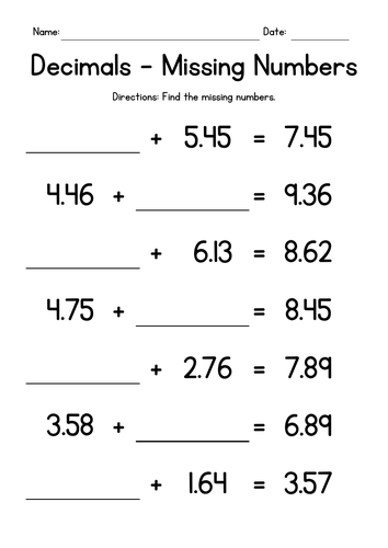 Adding 2-Digit Decimals - Missing Numbers