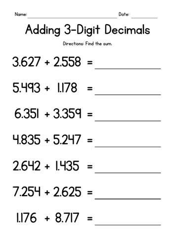 Adding 3-Digit Decimals - Addition Worksheets