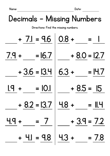 Adding Decimals - Missing Numbers Worksheets