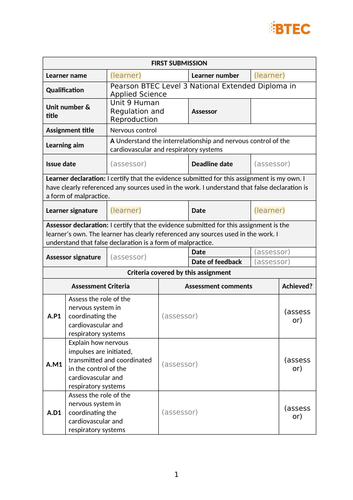 BTEC AppSci RQF 9A Nervous Control Brief