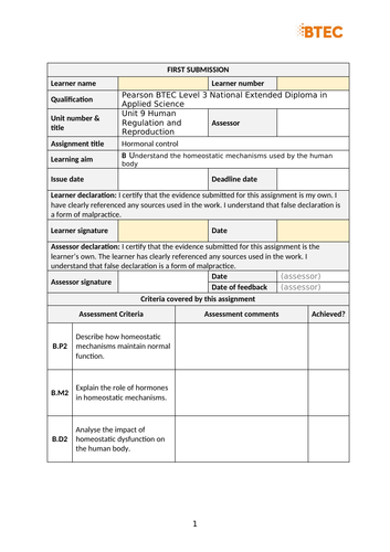 BTEC AppSci RQF 9B Homeostatic Control Brief