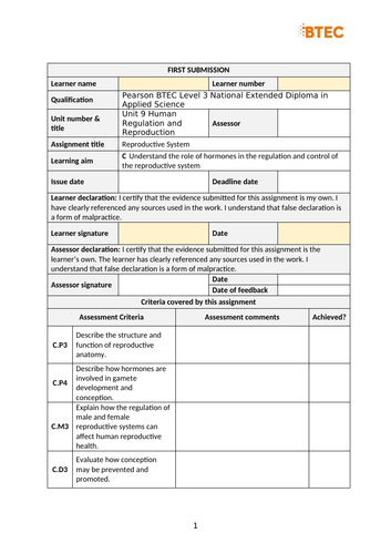 BTEC AppSci RQF 9C Reproductive System Brief