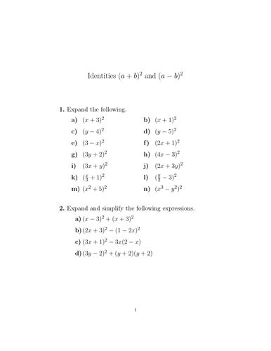 Identities (a+b)^2 and (a-b)^2 worksheet (with solutions) | Teaching ...