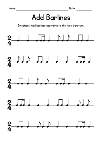 Add Barlines Music Worksheets - 2/4 Time Signature Practice | Teaching ...