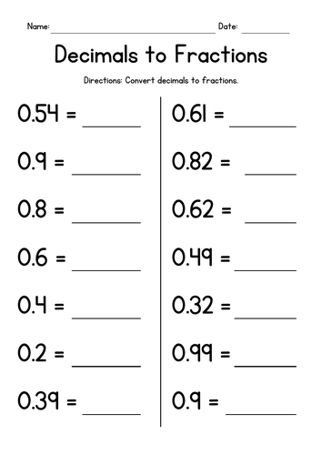 Converting Decimals to Fractions Worksheets