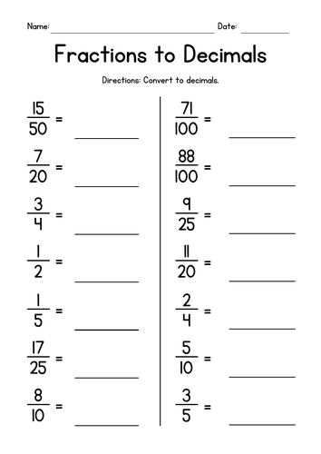 Converting Fractions to Decimals Worksheets