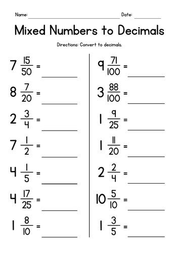 Converting Mixed Numbers to Decimals Worksheets