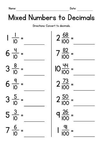 Mixed Numbers To Decimals Worksheet Grade 4